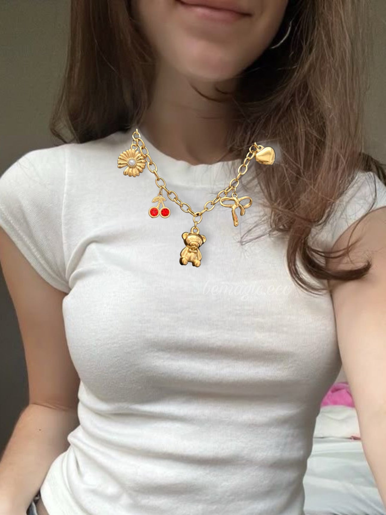 Teddy Bear Girly 🧸🍒 charm necklace