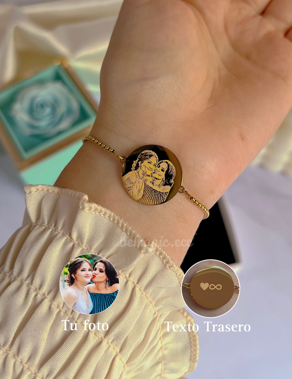 Brazalete fotograbado con medalla redonda 20mm dorado
