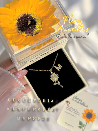 Set flores amarillas, collar antiestrés e inicial en cofre de girasol eterno ✨🌻