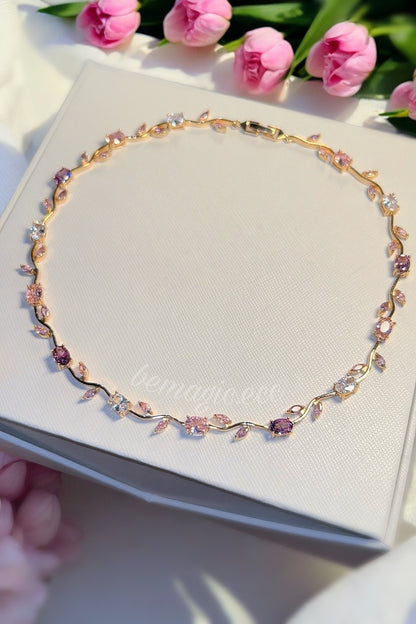 Collar Jardín de tulipanes Lila, Rosa y Cristal 🌷💕