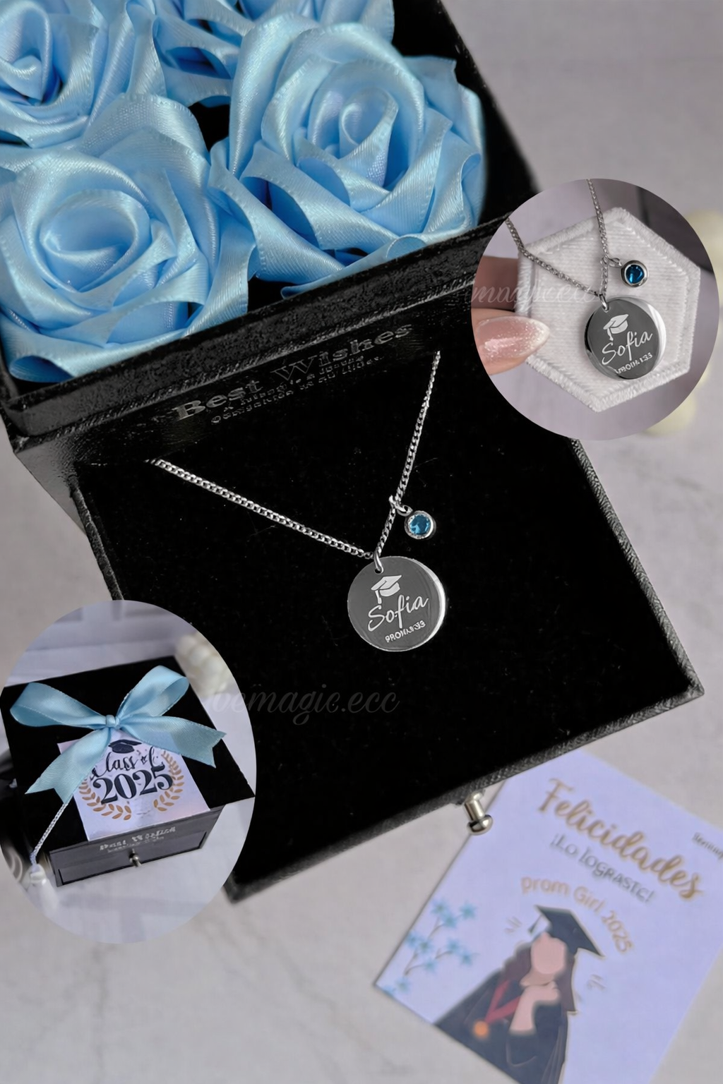 Prom Queen 🩵 👩🏻‍🎓 Collar Graduada – Edición Cofre de rosas
