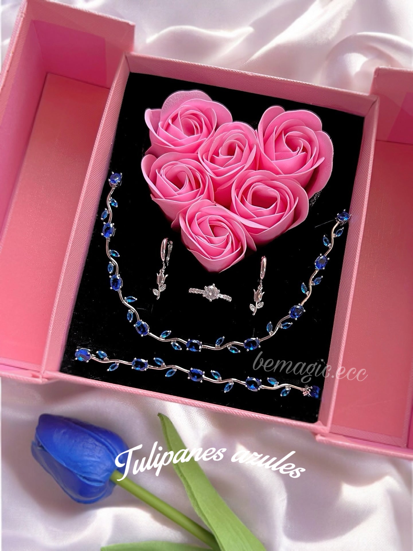 Set tulipanes in Blue 💙🌷con flores eternas rosadas 💕