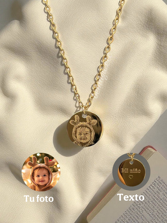 Collar fotograbado de medalla redonda 15mm dorado