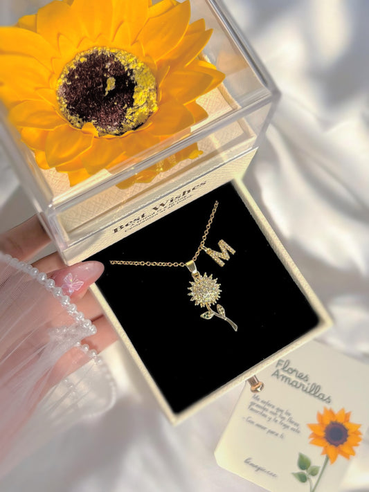 Set flores amarillas, collar antiestrés e inicial en cofre de girasol eterno ✨🌻
